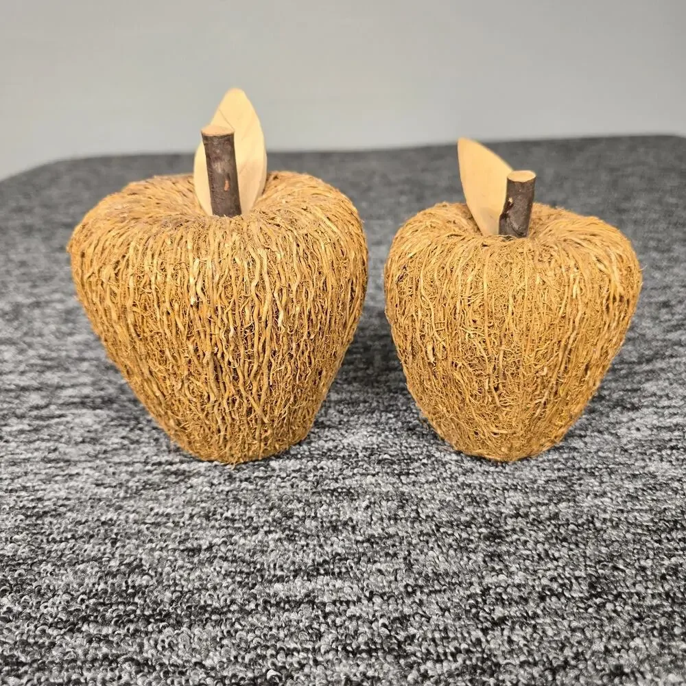 2 Rustic Decorative Apple Figurines Crafted Woven Natural Fibers & Twig Stem